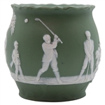 Ceramic Green Vase Featuring Golfer, Caddy & Swing Sequence w/Damaged Interior Rim