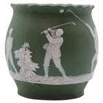 Ceramic Green Vase Featuring Golfer, Caddy & Swing Sequence w/Damaged Interior Rim