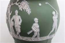 Ceramic Green Vase Featuring Golfer, Caddy & Swing Sequence w/Damaged Interior Rim