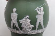 Ceramic Green Vase Featuring Golfer, Caddy & Swing Sequence w/Damaged Interior Rim