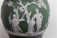 Ceramic Green Vase Featuring Golfer, Caddy & Swing Sequence w/Damaged Interior Rim