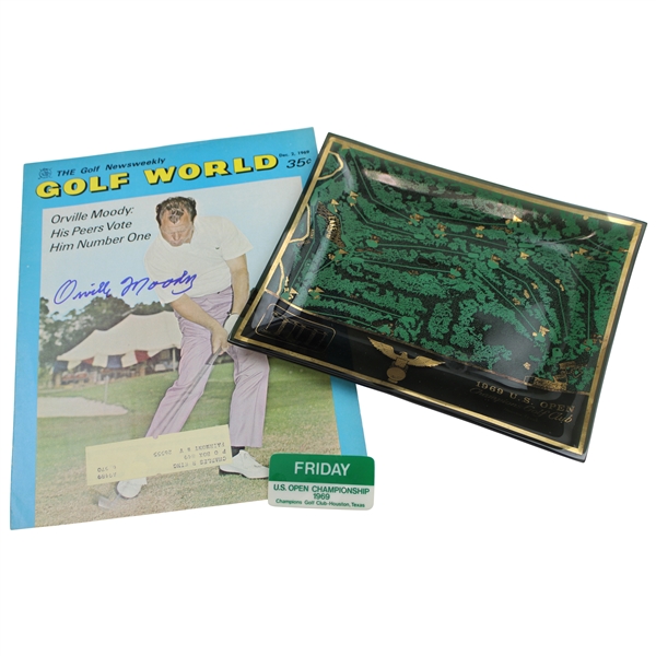 Orville Moody Signed Dec 1969 Golf World Magazine w/1969 US Open Dish & Friday Badge JSA ALOA