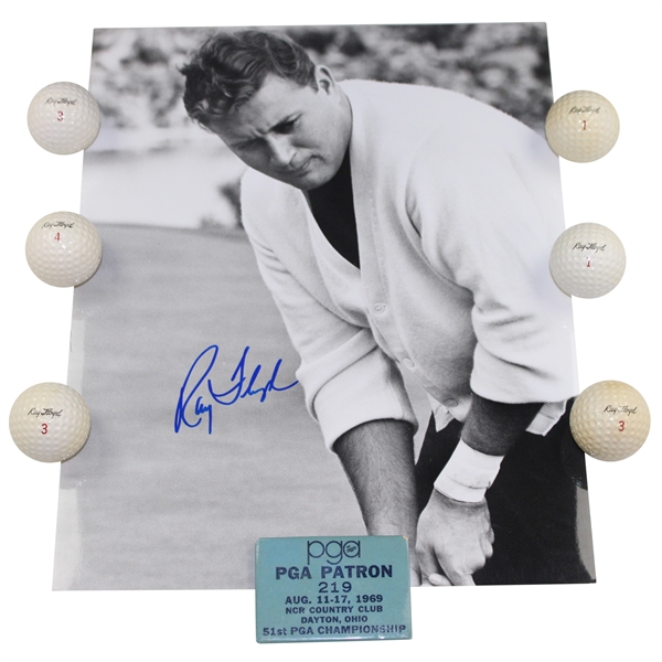 Ray Floyd Signed 11x14 Photo w/Six (6) Ray Floyd Signature Balls & 1969 PGA Badge JSA ALOA