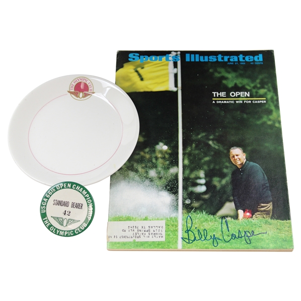Billy Casper Signed 1966 SI Magazine w/US Open Badge & Olympic Club Dish JSA ALOA