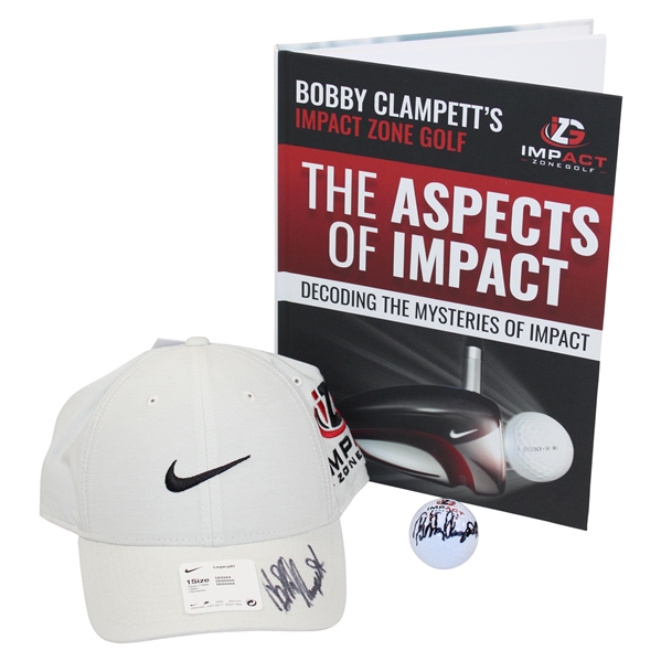 Bobby Clampett Signed Impact Zone Golf Ball, Hat & The Aspects of Impact Book JSA ALOA