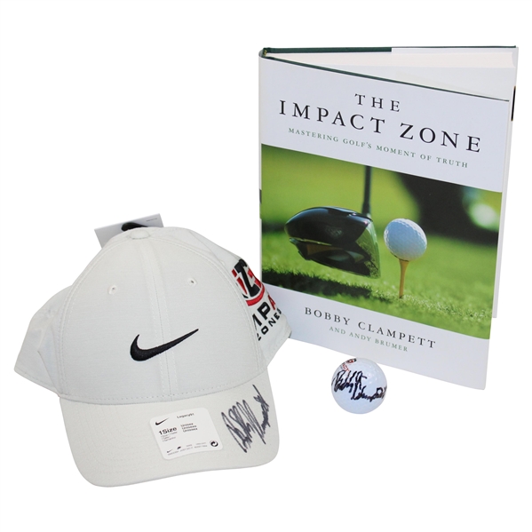 Bobby Clampett Signed Impact Zone Golf Ball, Hat & The Impact Zone Book JSA ALOA