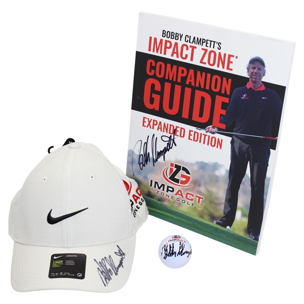 Bobby Clampett Signed Impact Zone Golf Ball, Hat & Impact Zone: Companion Guide Book JSA ALOA