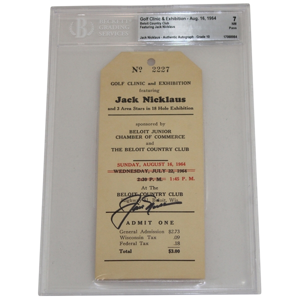 Jack Nicklaus Signed 1964 Exhibition at Beloit CC Ticket BGS NM 7 Grade 10