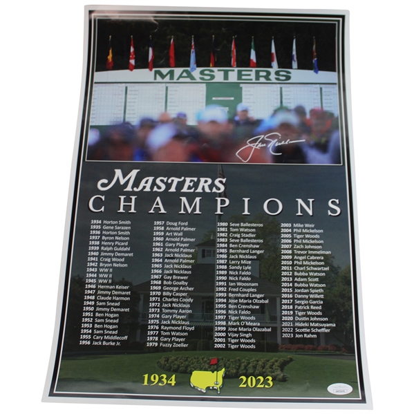Jack Nicklaus Signed 1934-2023 Masters Champions w/Scoreboard Poster JSA #AW53476