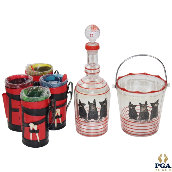 Vintage Three Canny Scots Glass Decanter & Ice Bucket w/Four (4) Golf Bag Cups