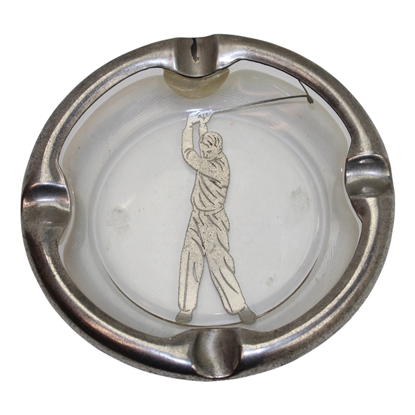 Pre-Swing Silver Plated Overlay Golfer Round Glass Ashtray