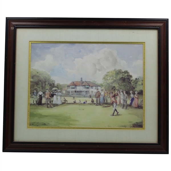 Post-Swing Red Coat Golfer in Front of Crowd & Clubhouse Print by Artist John S. Goodall(?)
