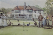 Post-Swing Red Coat Golfer in Front of Crowd & Clubhouse Print by Artist John S. Goodall(?)