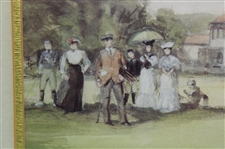 Post-Swing Red Coat Golfer in Front of Crowd & Clubhouse Print by Artist John S. Goodall(?)