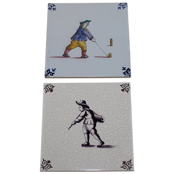 Two (2) Golf Themed Delft Tiles - Holland & other