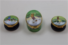 Three (3) Golf Themed Enamel Worcester & Crummles Pill Boxes