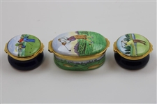 Three (3) Golf Themed Enamel Worcester & Crummles Pill Boxes