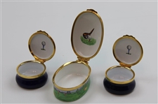 Three (3) Golf Themed Enamel Worcester & Crummles Pill Boxes
