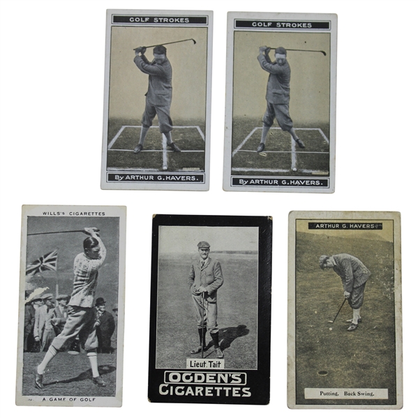 Two (2) Morriss High Grade Cigarettes Golf Stroke Series Cards, (1) Imperial Tobacco How To Play Golf Card, (1) W. D. & H. O. Wills Our King And Queen Card & (1) Ogdens Cigarettes Card