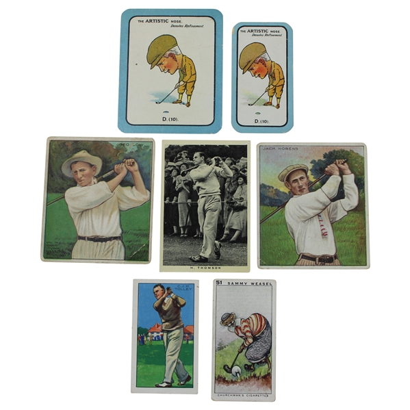  W.A.& A.C. Churchman Imperial Frisky Card, Park Drive Cigarette Card, W. D. & H. O. Wills British Sporting Personality Card, (2) Carreras Nose Game Cars, & (2) Mecca Series Of Champion Golfers Cards