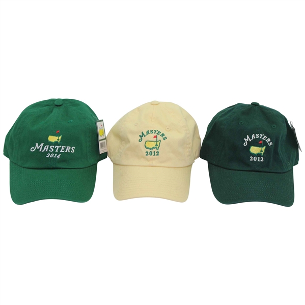 2012 Masters Tournament Green & Lt Yellow Dated Caddy Hats w/2014 Green Dated Hat