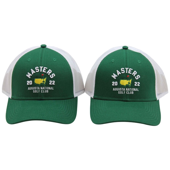 Two (2) 2022 Masters Tournament Augusta National GC Green w/White Mesh Trucker Hats - New w/Tags