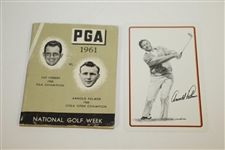 Arnold Palmer Playing Card, Vintage Augusta Postcard, & 1961 Golf Day Coin Holder