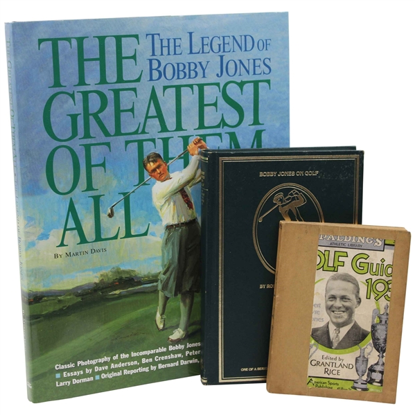 Three (3) Bobby Jones Cover Books 1930 Golf Guide, Jones On Golf, & The Legend Of Bobby Jones