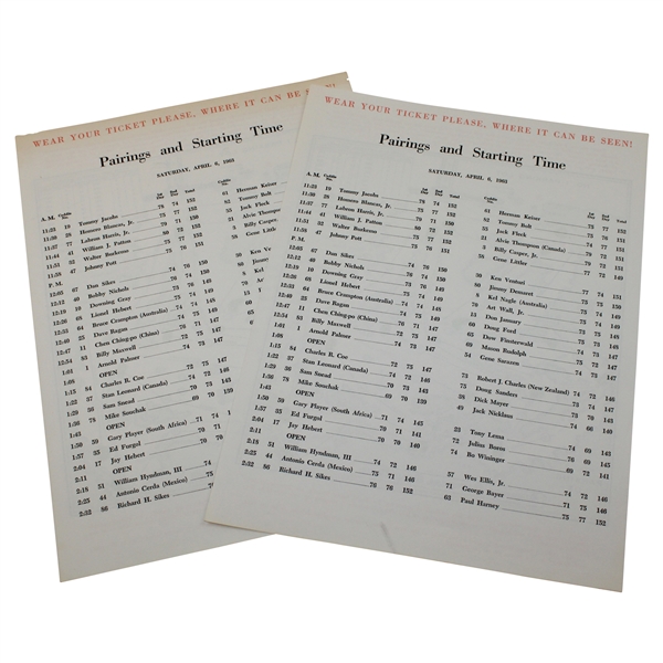 Two (2) 1963 Masters Tournament Saturday 3rd Round Pairing Sheets - Jacks First Masters Win