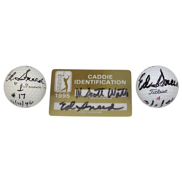 Two (2) Ed Sneed Signed Hole-in-One Golf Balls w/PGA Tour ID Card JSA ALOA
