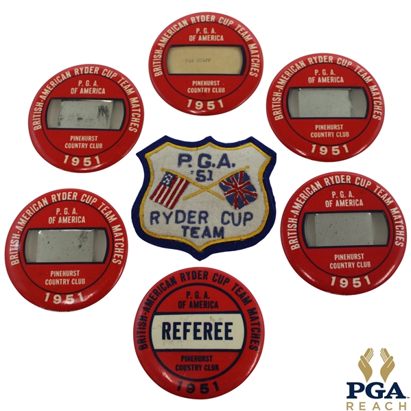 Four (4) 1951 Ryder Cup at Pinehurst Badges, Referee Badge, PGA Staff Badge & Team Patch