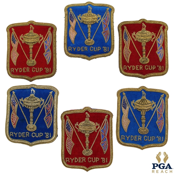 Six (6) 1981 Ryder Cup at Walton Heath Coat Crests - Three (3) Blue & Three (3) Red