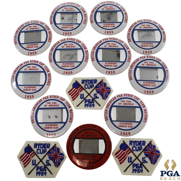 Ten (10) 1959 Ryder Cup at Eldorado Badges, Three (3) Patches & One (1) Red Badge