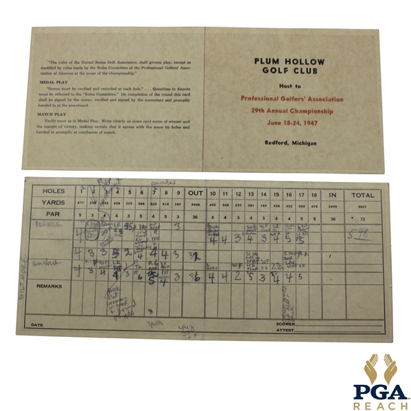1947 PGA Championship at Plum Hollow Fan Scored Scorecard w/Blank Scorecard