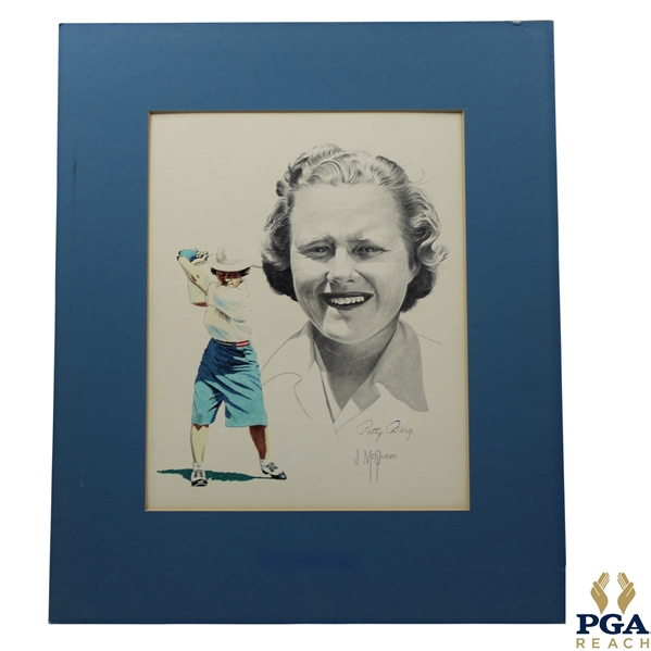 Patty Berg Signed J. McQueen Original Sketch Portrait On Board JSA ALOA