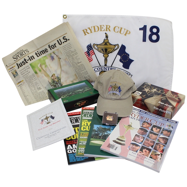 1999 Ryder Cup at The Country Club Items - Flag, Program, Two Dozen Golf Balls, Hat, Magazines & more