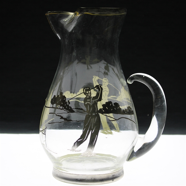 Silver Overlay Golf Themed Large Glass Water Pitcher
