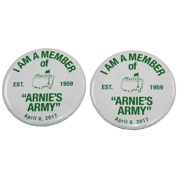 Two (2) I Am A Member of "Arnies Army" 2017 Masters Commemorative White w/Green Pins