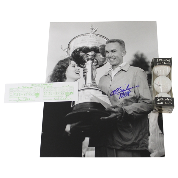 Al Geiberger Signed B&W Photo w/Sleeve of Personal Golf Balls & Facsimile Scorecard JSA ALOA