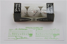 Al Geiberger Signed B&W Photo w/Sleeve of Personal Golf Balls & Facsimile Scorecard JSA ALOA