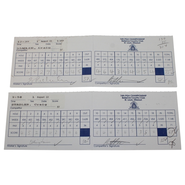 Craig Stadler Signed Two (2) 1992 PGA Championship at Bellerive Official Scorecards