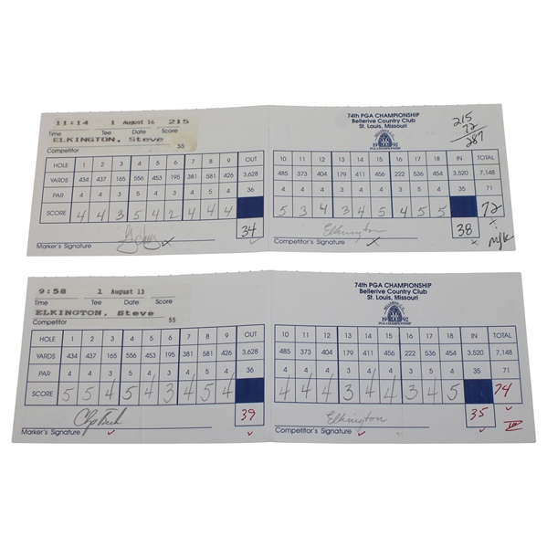 Steve Elkington Signed Two (2) 1992 PGA Championship at Bellerive Official Scorecards