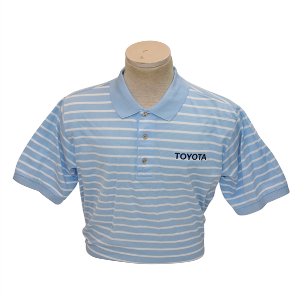 Chi Chi Rodriguezs Personal Jeff Rose Light Blue & White Striped Polo w/Sponsor - M