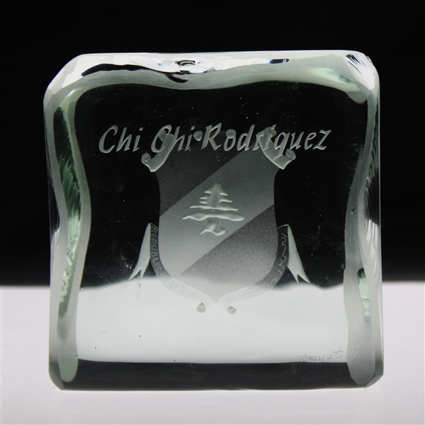 Chi Chi Rodriguezs Engraved Republic of Lebanon Glass Paperweight/Trophy