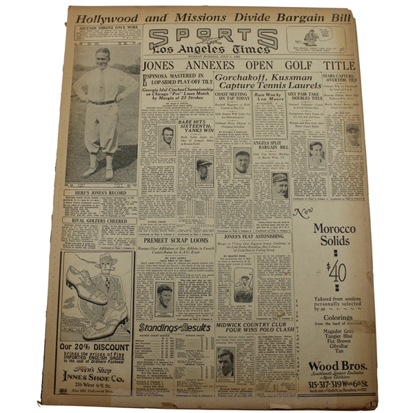 1929 Los Angeles Times Bobby Jones Ascends Throne Once More Newspaper Article