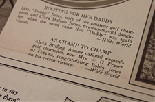 1925 San Francisco Chronicle Bobby Jones 'Wins Coveted Title' & 'Champ to Champ' Newspaper Article