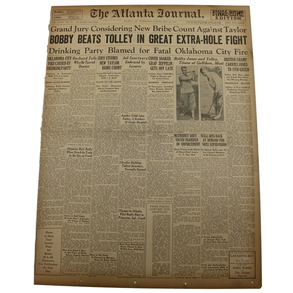 1930 Atlanta Journal Bobby Jones Bobby Jones And Tolley, Titans Of Golfdom, Meet Newspaper Article