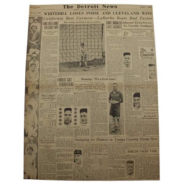 1930 Detroit News Bobby Jones Bobs Swing All Plotted Out for Golfers Newspaper Article
