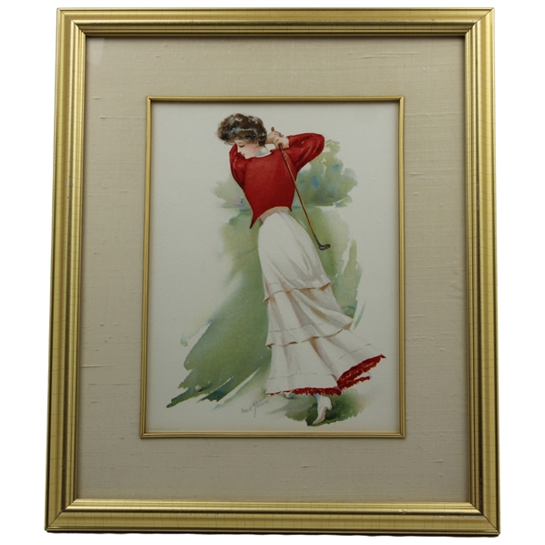 1908 Lady Golfer in Red Coat Lithograph by Maud Strumm - Copyright The Gray Lithograph