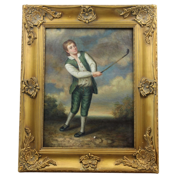 Original Oil on Canvas Young Post Swing Golfer by Unknown Artist - Mounted to Board - Framed